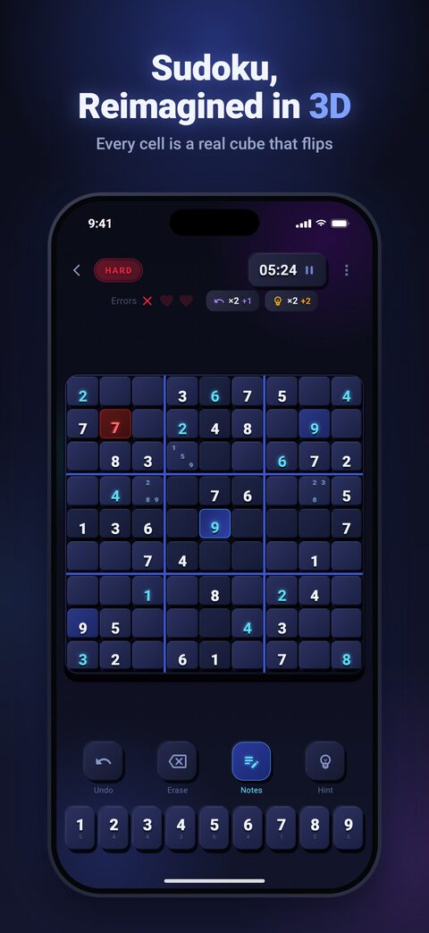 Gameplay: a Sudoku board of 3D cube tiles