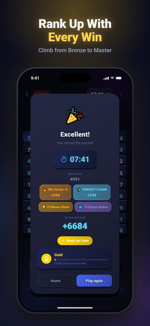 The win dialog with bonus score and a new rank