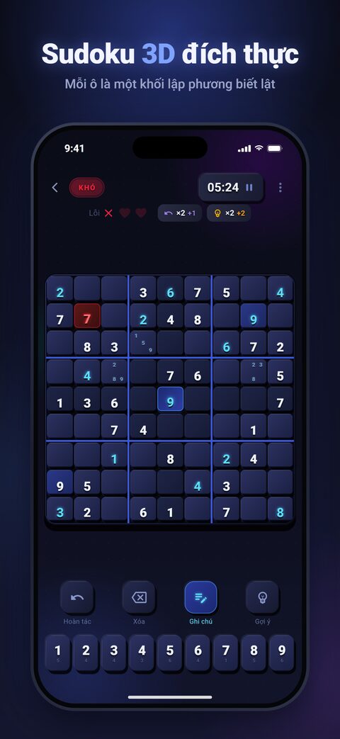 Màn chơi: bàn cờ Sudoku với các ô khối lập phương 3D